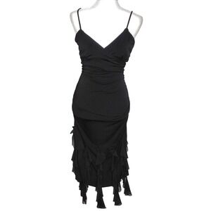 Y2K Nikki Mac Cocktail Dress Womens Small FLAWS Black‎ Ruffle Hem Ruched Bodycon